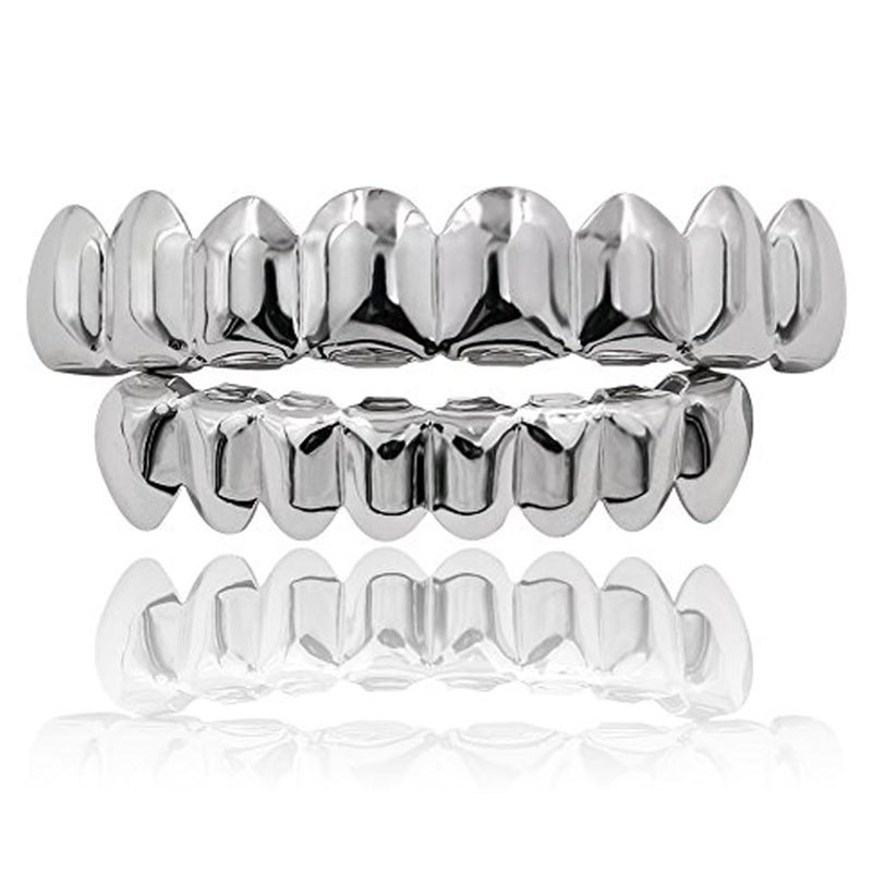 JINAO Silver Grill 18K Gold Plated Gold Finish 8 Top Teeth 8 Bottom Tooth grillz Hip Hop Mouth Grills for Men Women (Silver Set) - Image 1